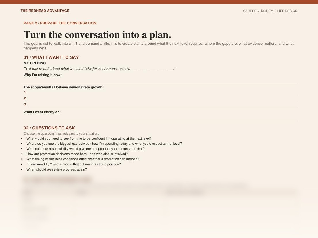 Page two preview showing promotion conversation preparation prompts