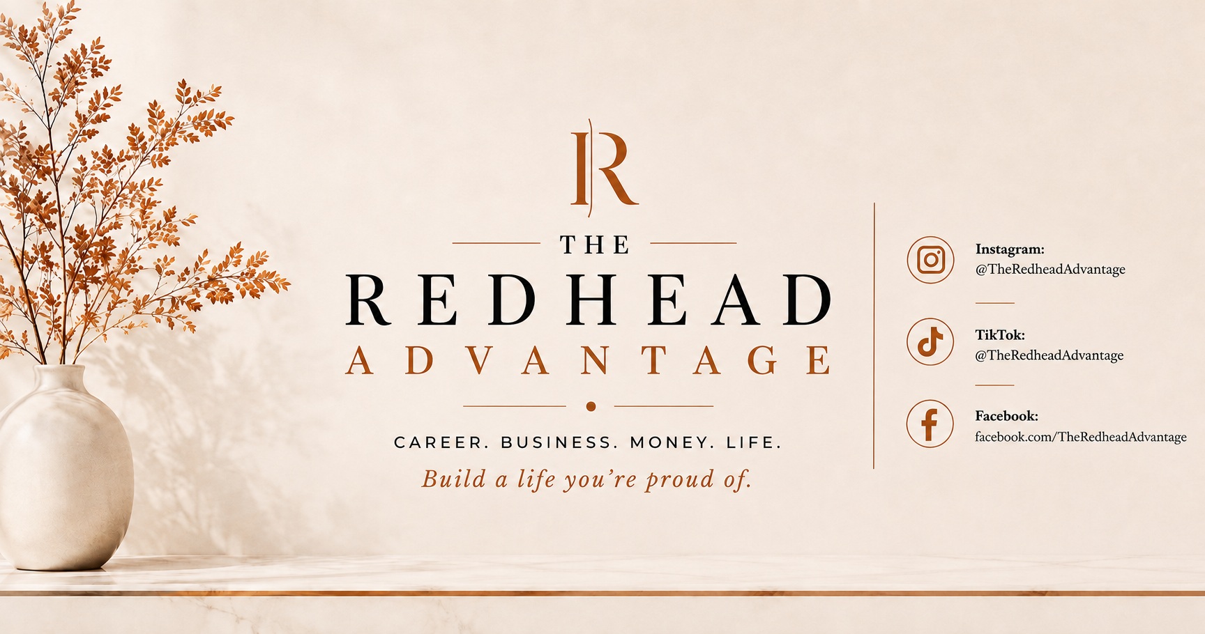 The Redhead Advantage banner with Career, Business, Money, Life and social media handles
